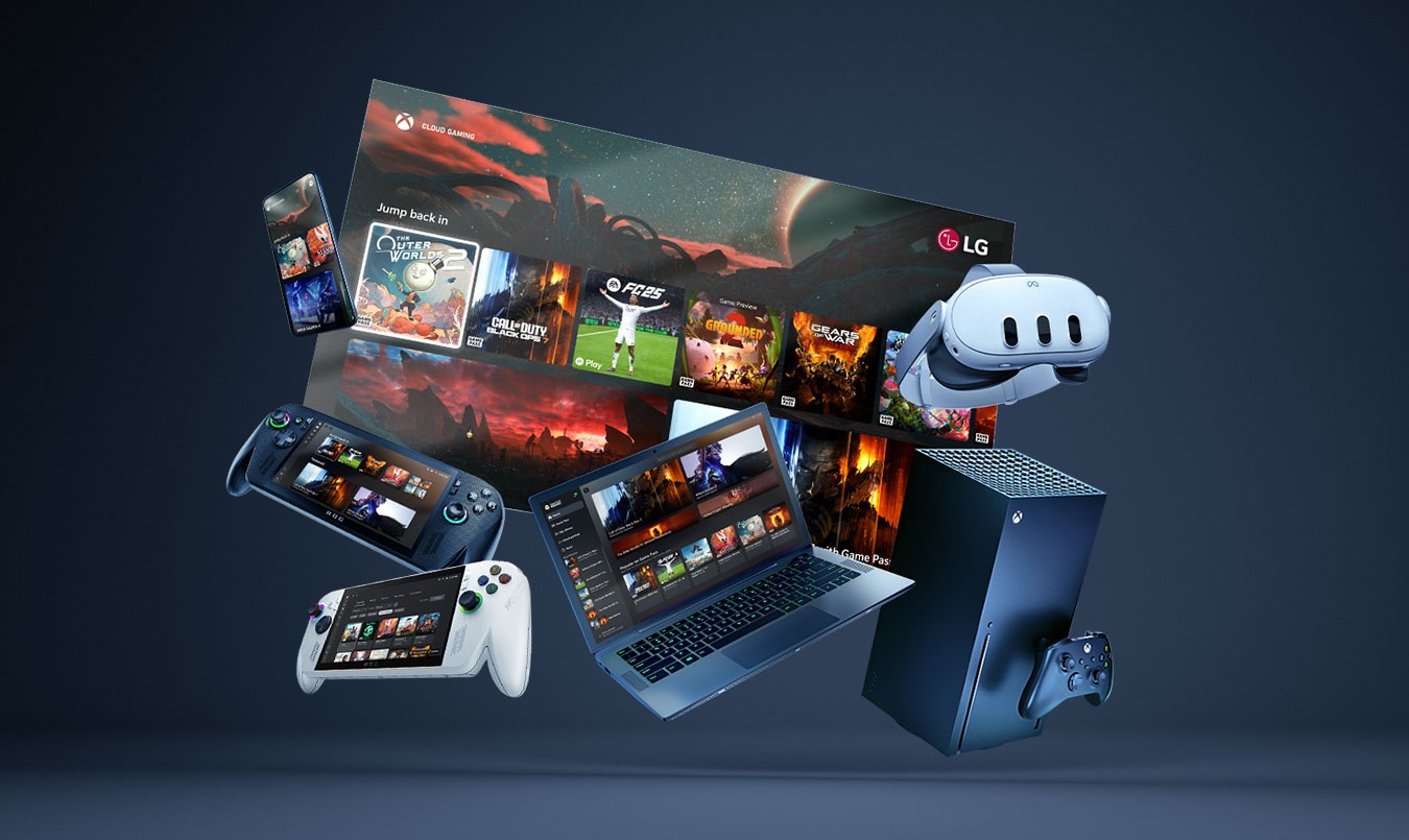 Xbox Cloud Gaming promotional art: floating LG TV with Cloud Gaming dashboard and tiles for The Outer Worlds 2, Call of Duty Black Ops 6, EA Sports FC 25, Grounded, and Gears of War; phone, Meta Quest 3, two ASUS ROG Ally handhelds, laptop with Xbox app, and Xbox Series X with controller on a dark navy gradient.
