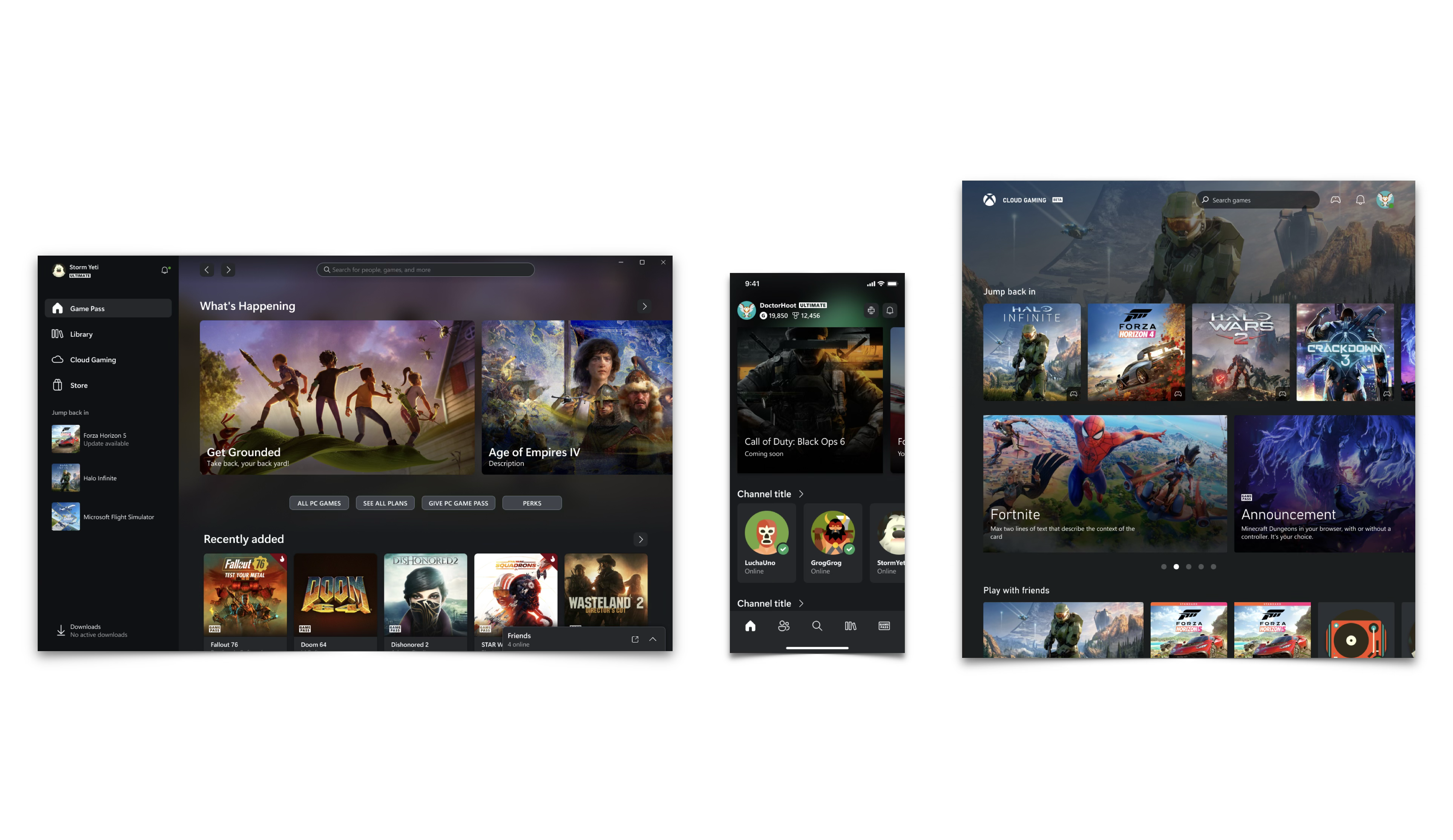 Three UI mockups in one row: desktop Xbox Game Pass with Storm Yeti profile, sidebar navigation, What’s Happening banners, and Recently added tiles; narrow mobile view with Ultimate badge, Call of Duty Black Ops 6 hero, channel avatars with online status, and bottom nav; web Xbox Cloud Gaming (Beta) with search, Jump back in row, Fortnite and Announcement cards, and Play with friends row.