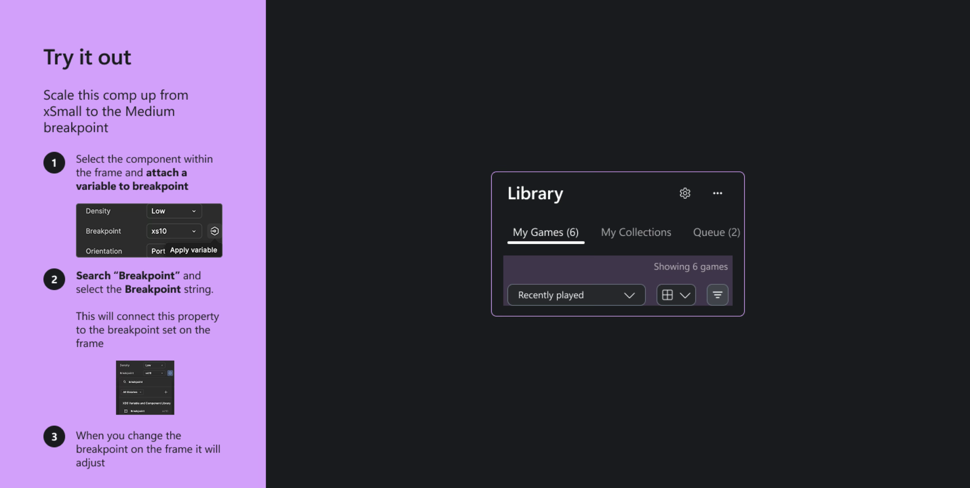 Training slide titled Try it out: scale a comp from xSmall to Medium by attaching a Breakpoint variable to the frame, with Figma-style property panels and a dark Xbox Library mockup with My Games, collections, and queue tabs.