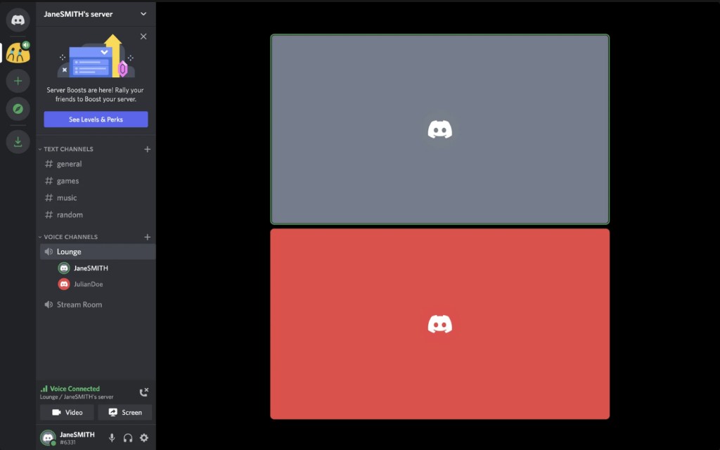 Discord desktop app: JaneSMITH’s server with text channels, Lounge voice channel with two participants, and two large stream tiles (grey and red) with Discord logos in the main panel; voice connected status and video controls at the bottom.