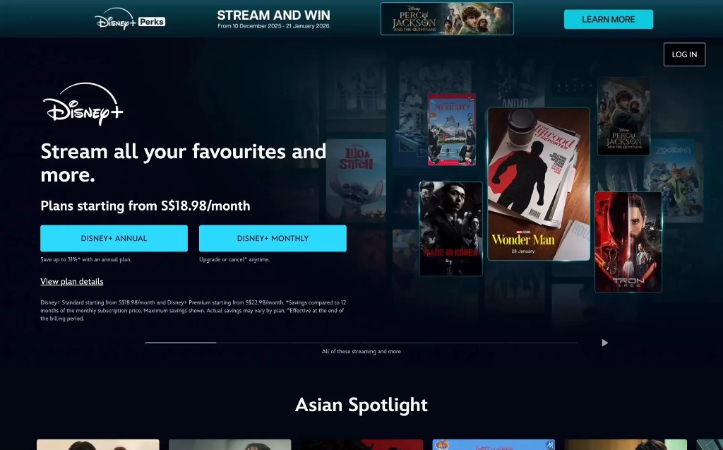 Disney+ web landing page: 'Stream all your favourites and more.' with annual / monthly plan options and a row of poster art.