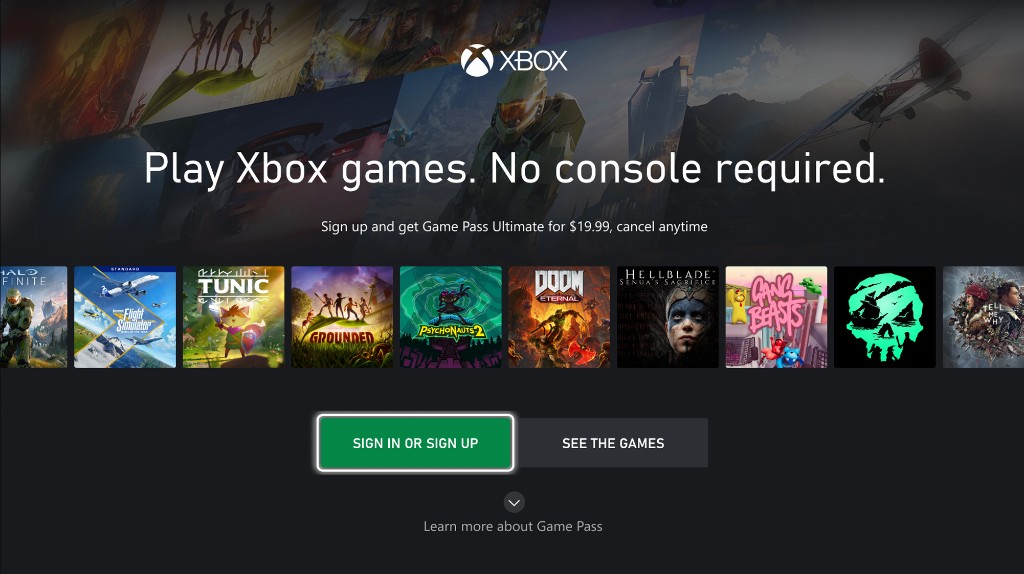 Xbox Cloud Gaming landing page on TV: 'Play Xbox games. No console required.' with Game Pass Ultimate offer, a row of game tiles, and Sign in or sign up / See the games actions.