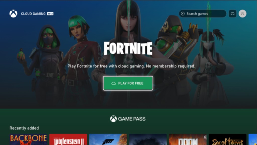 Xbox Cloud Gaming home page on TV featuring Fortnite with a 'Play for free' button and a Game Pass row of recently added titles.