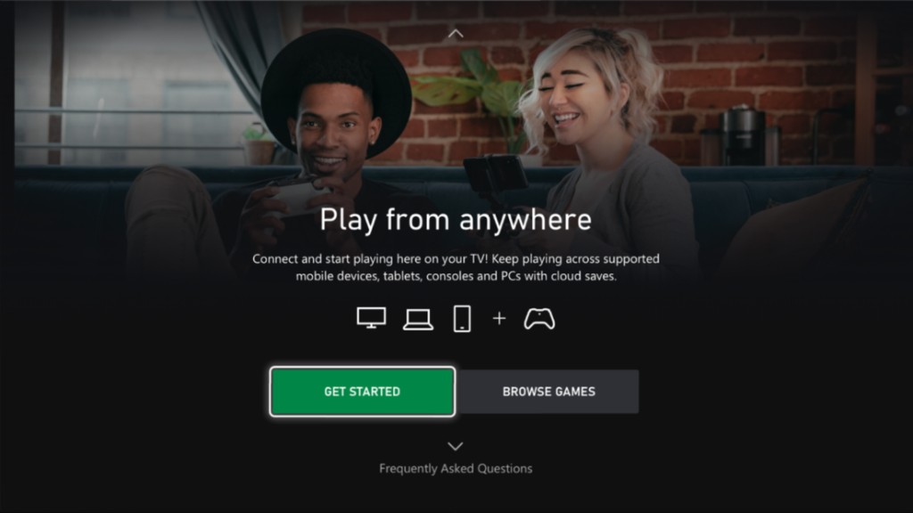 'Play from anywhere' page: two players on a couch with a phone-and-controller illustration and Get started / Browse games actions.