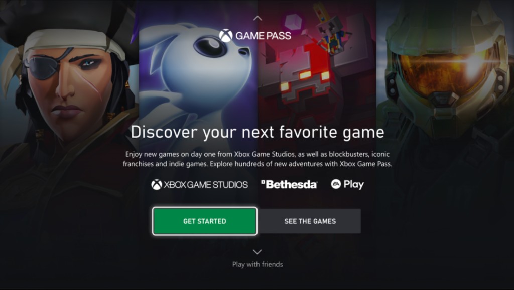 'Discover your next favorite game' page showcasing Xbox Game Studios, Bethesda, and EA Play with Get started / See the games actions.