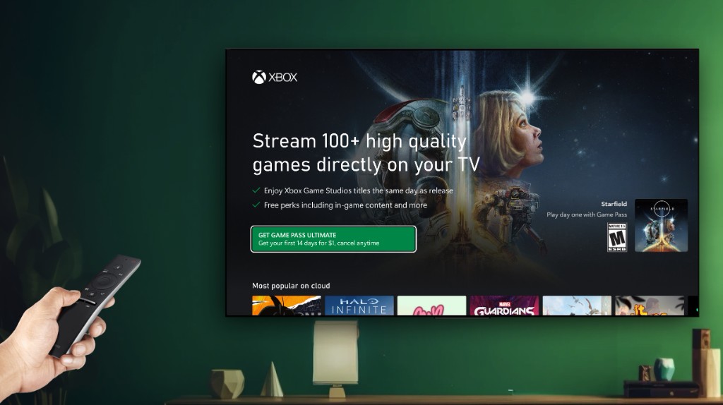 TV mockup of an updated landing hero: 'Stream 100+ high quality games directly on your TV' with Starfield artwork, value bullets, and a Get Game Pass Ultimate $1 / 14-day promo CTA.