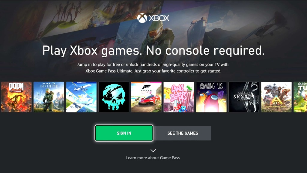 'Play Xbox games. No console required.' marketing landing variant with 'Jump in to play for free or unlock hundreds of high-quality games on your TV with Xbox Game Pass Ultimate.' subhead and Sign in / See the games CTAs.