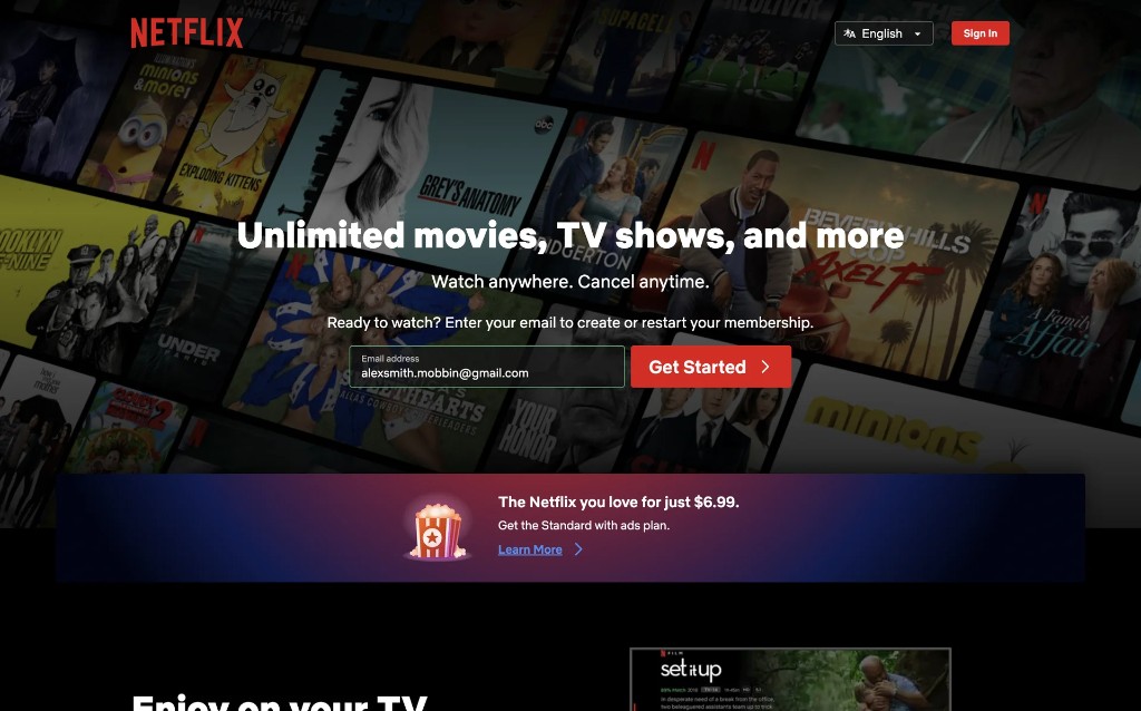 Netflix web landing page: 'Unlimited movies, TV shows, and more' headline with email entry, Get Started button, and a $6.99 ad-supported promo banner.