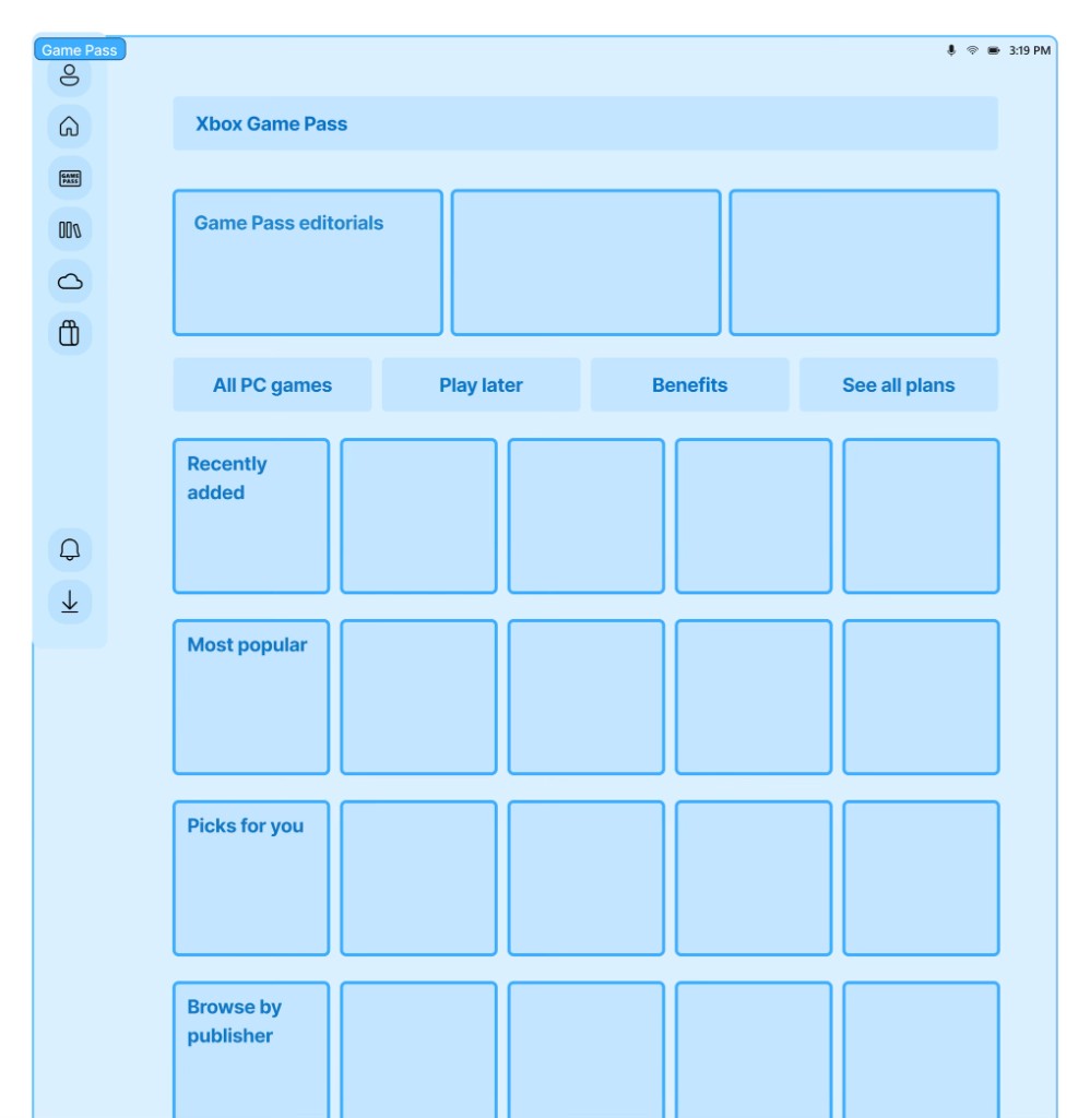Low-fidelity blue wireframe of the Xbox Game Pass home layout: vertical sidebar with navigation icons, Game Pass header, editorial row, filter pills, and rows of square tiles for Recently added, Most popular, Picks for you, and Browse by publisher.