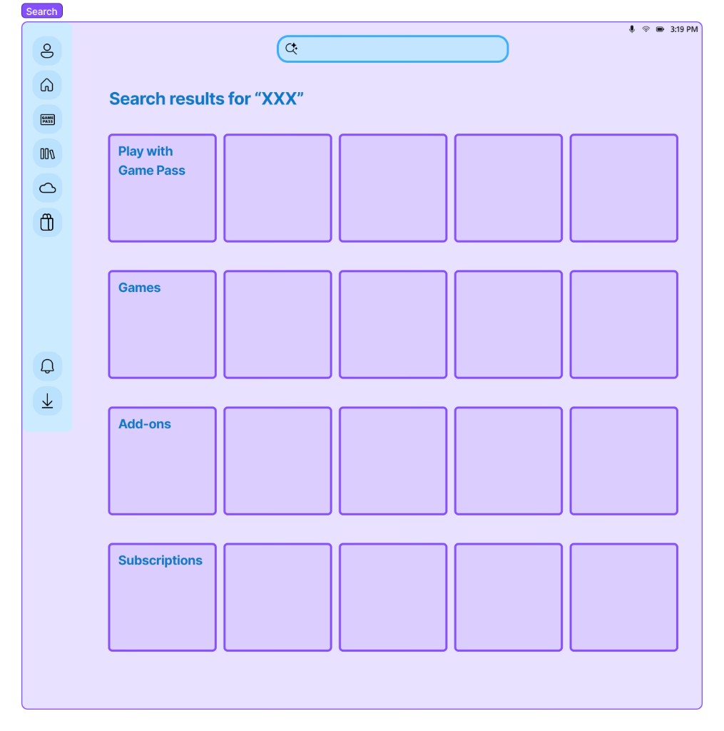 High-fidelity light purple mockup of a search results page: sidebar, search field, heading Search results for placeholder text, and a grid of tiles grouped under Play with Game Pass, Games, Add-ons, and Subscriptions.