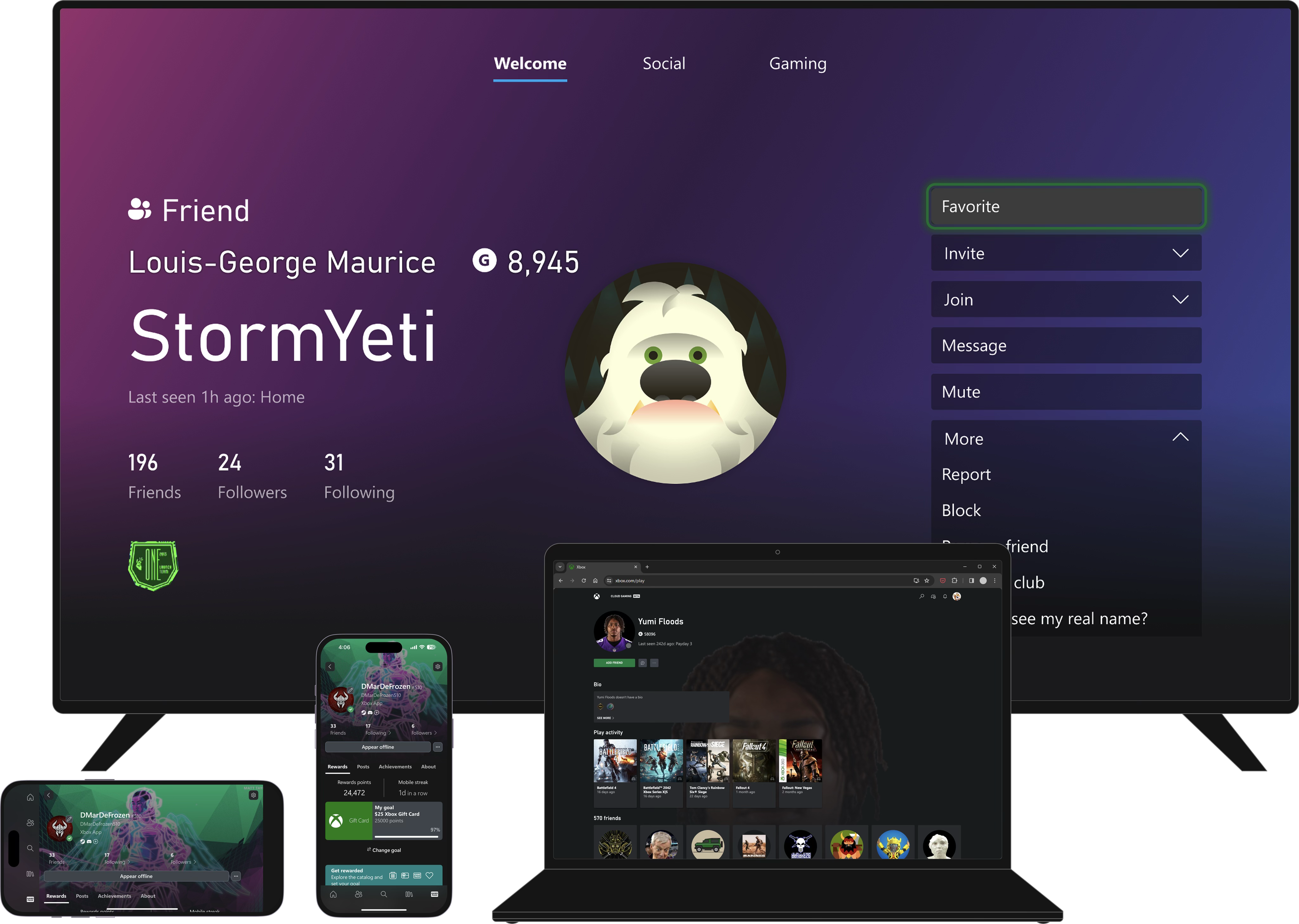 Xbox experience across surfaces: a TV shows a full profile for StormYeti with Welcome, Social, and Gaming tabs; a laptop shows the web library for Yumi Floods with game tiles; two phones show portrait and landscape profile and rewards views with consistent dark theme and Xbox green accents.