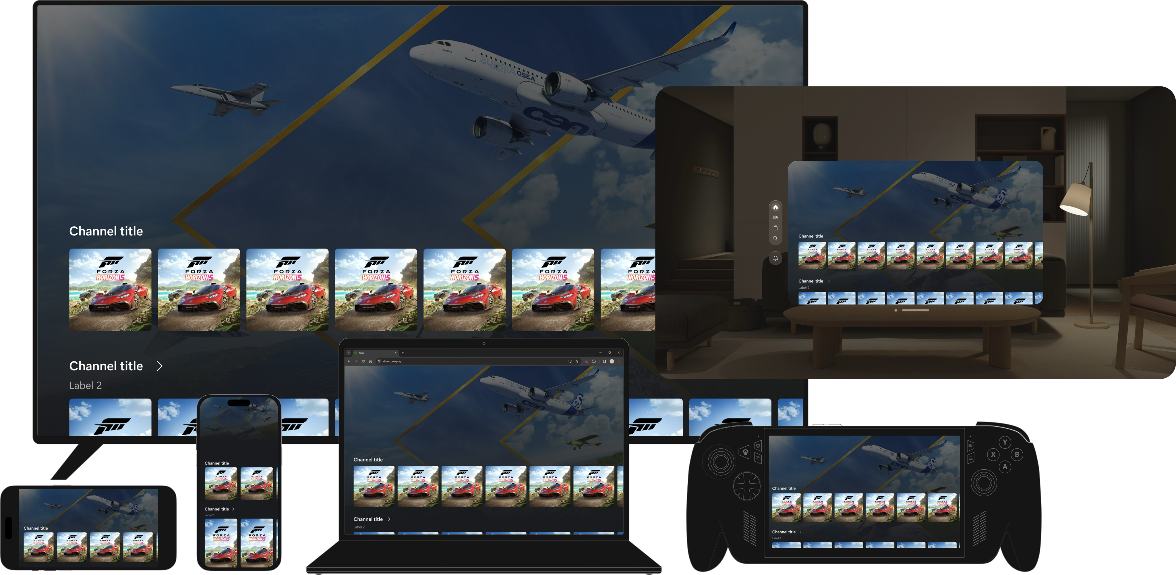 Composite showing a consistent Xbox-style dashboard across a TV, laptop, two phones in portrait and landscape, a handheld console, and a mixed-reality window over a living room: shared hero art with aircraft, Forza Horizon 5 tiles, and channel labels.