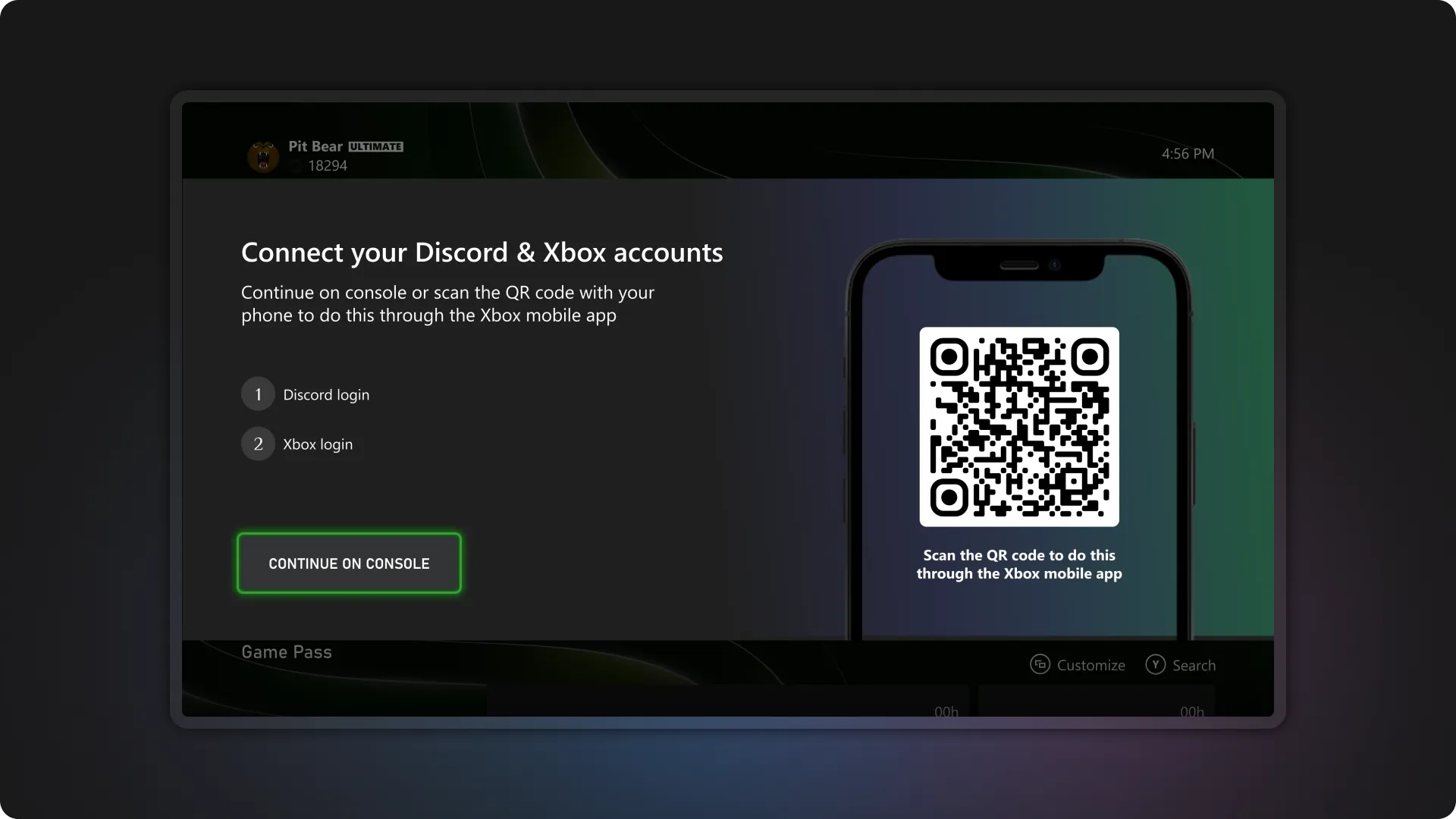 Console screen to connect Discord and Xbox accounts, with a QR code to link through the Xbox mobile app.