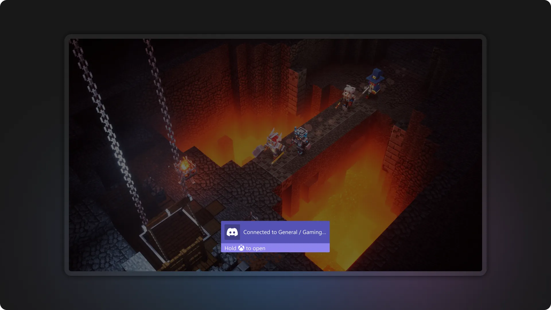 In-game toast confirming the player is connected to a Discord voice channel, with a prompt to hold the Xbox button to open.