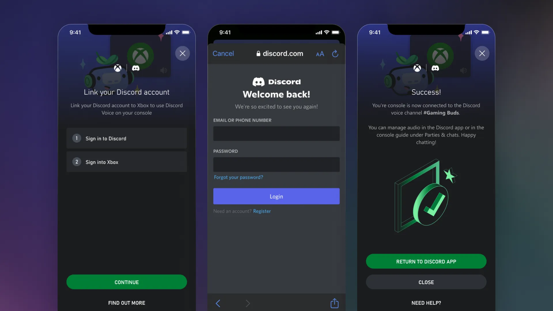 Mobile flow to link a Discord account: link prompt, discord.com sign-in, and a success screen confirming the console is connected to a Discord voice channel.