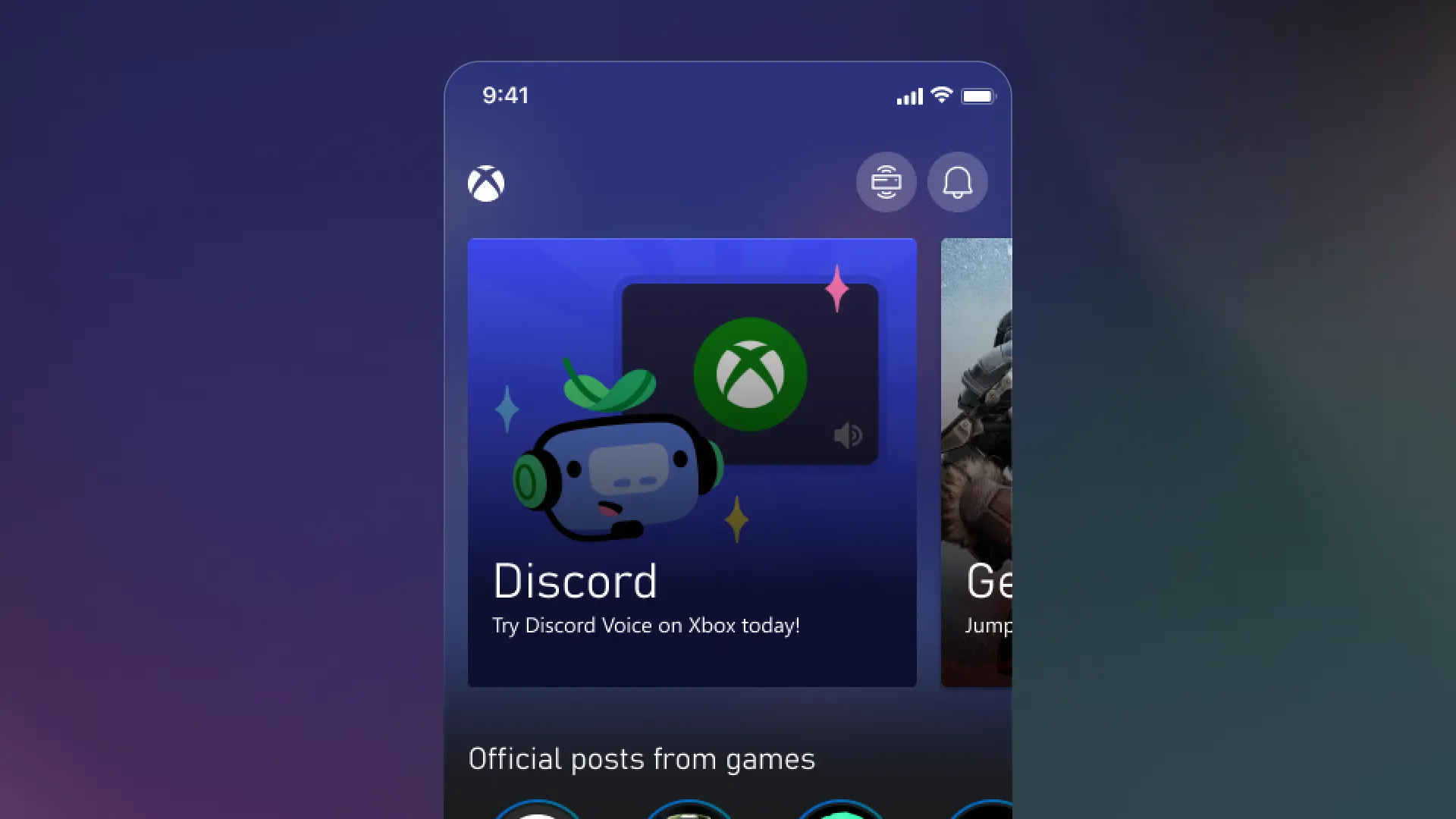 Xbox mobile app home featuring a Discord card: “Try Discord Voice on Xbox today!”