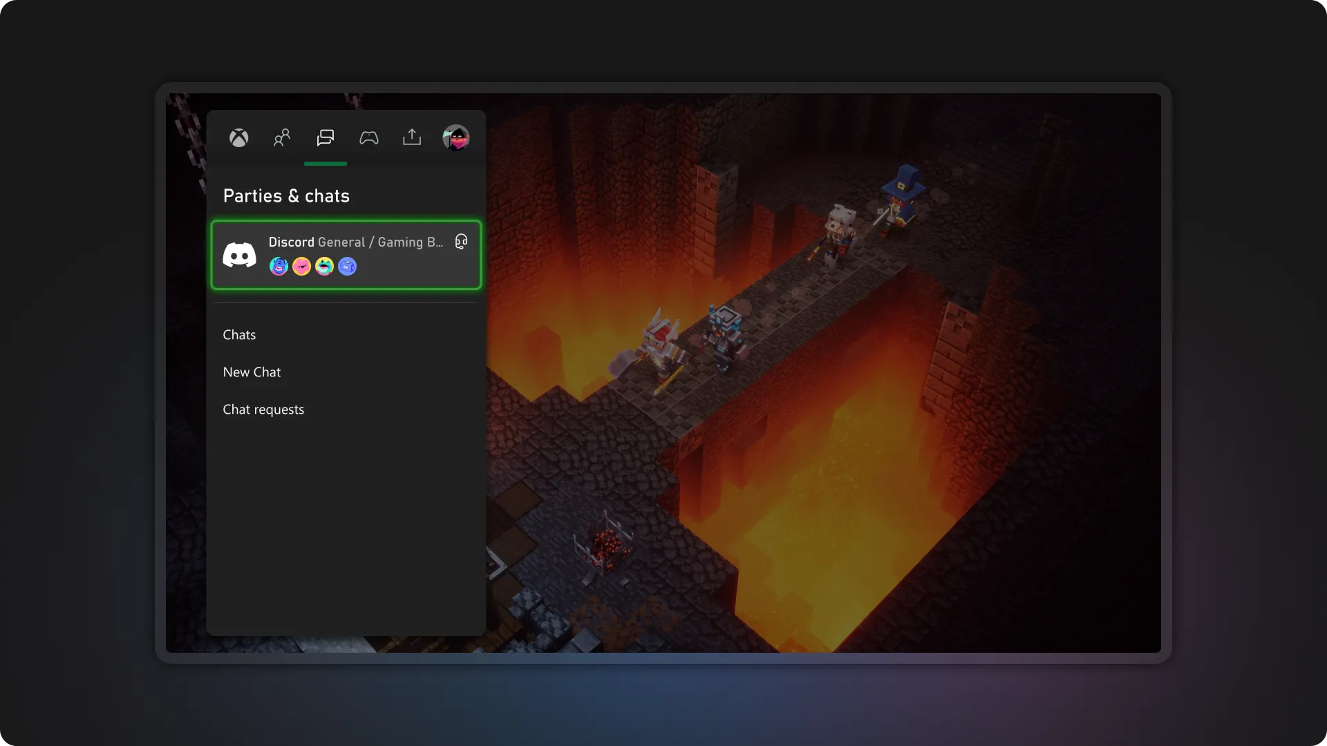 Xbox Parties & chats surface listing the connected Discord voice channel and its members.