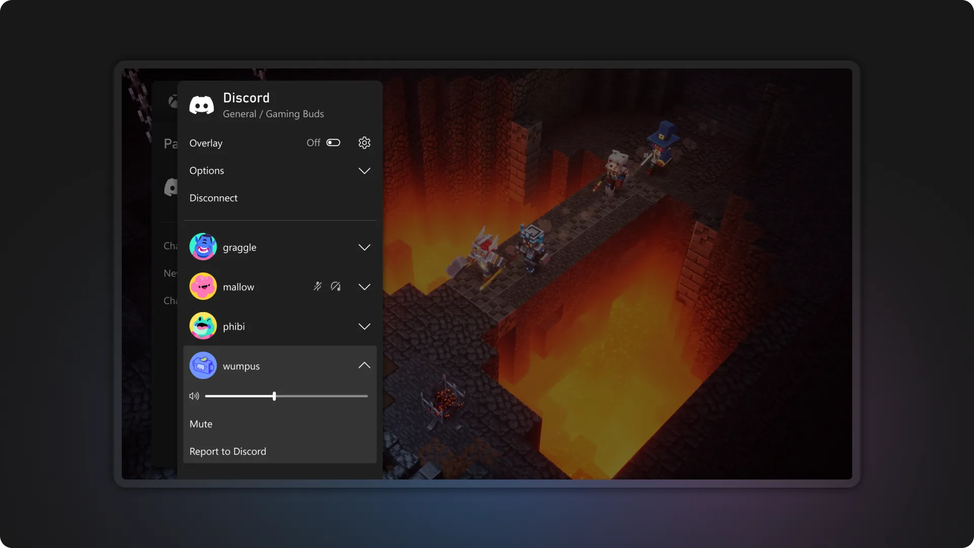 Discord voice panel over gameplay showing connected friends with mute and per-user controls.