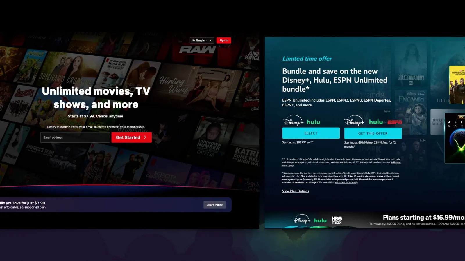 Competitive landing pages: Netflix and Disney+ both surface pricing before sign-up.