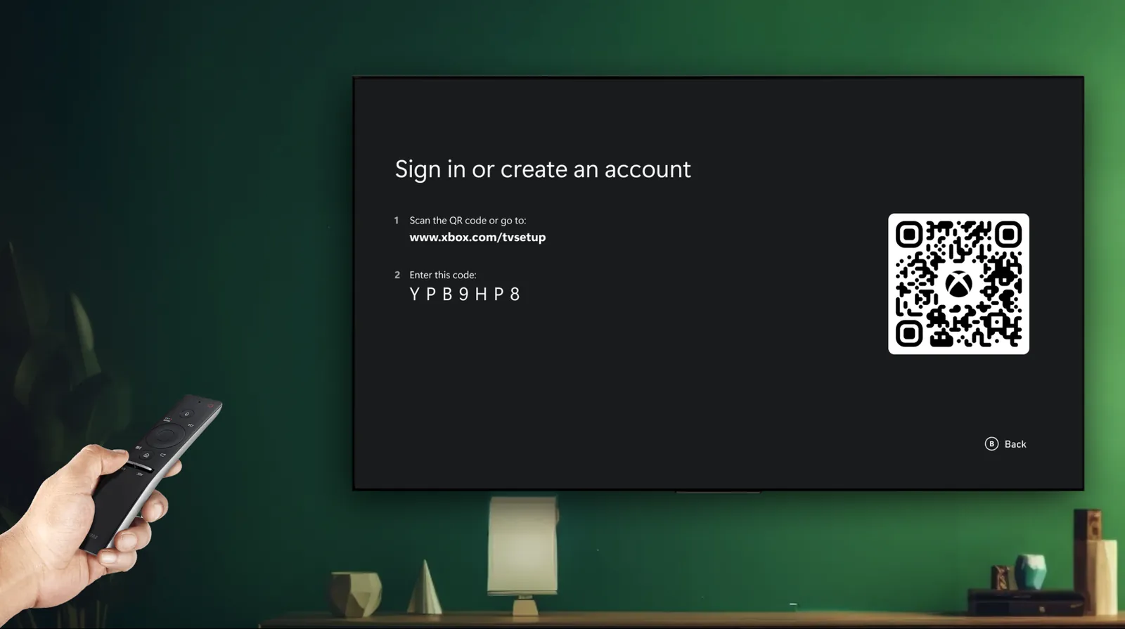 TV sign-in with a QR code and a one-time setup code.
