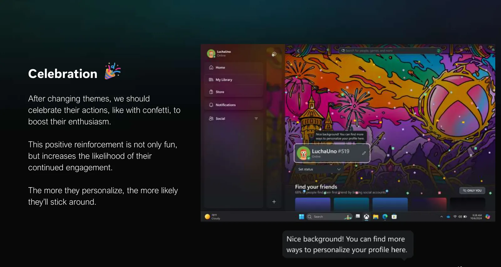 Applying a colorful profile theme, with confetti and a prompt to keep personalizing.