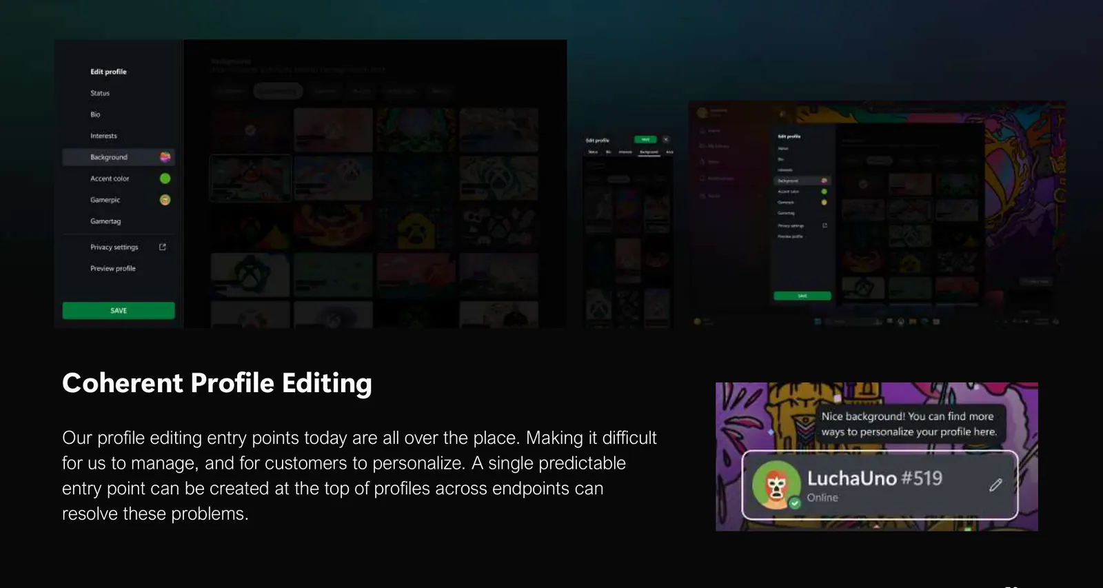 A single Edit profile entry with background, accent color, and gamertag controls across desktop and in-context.
