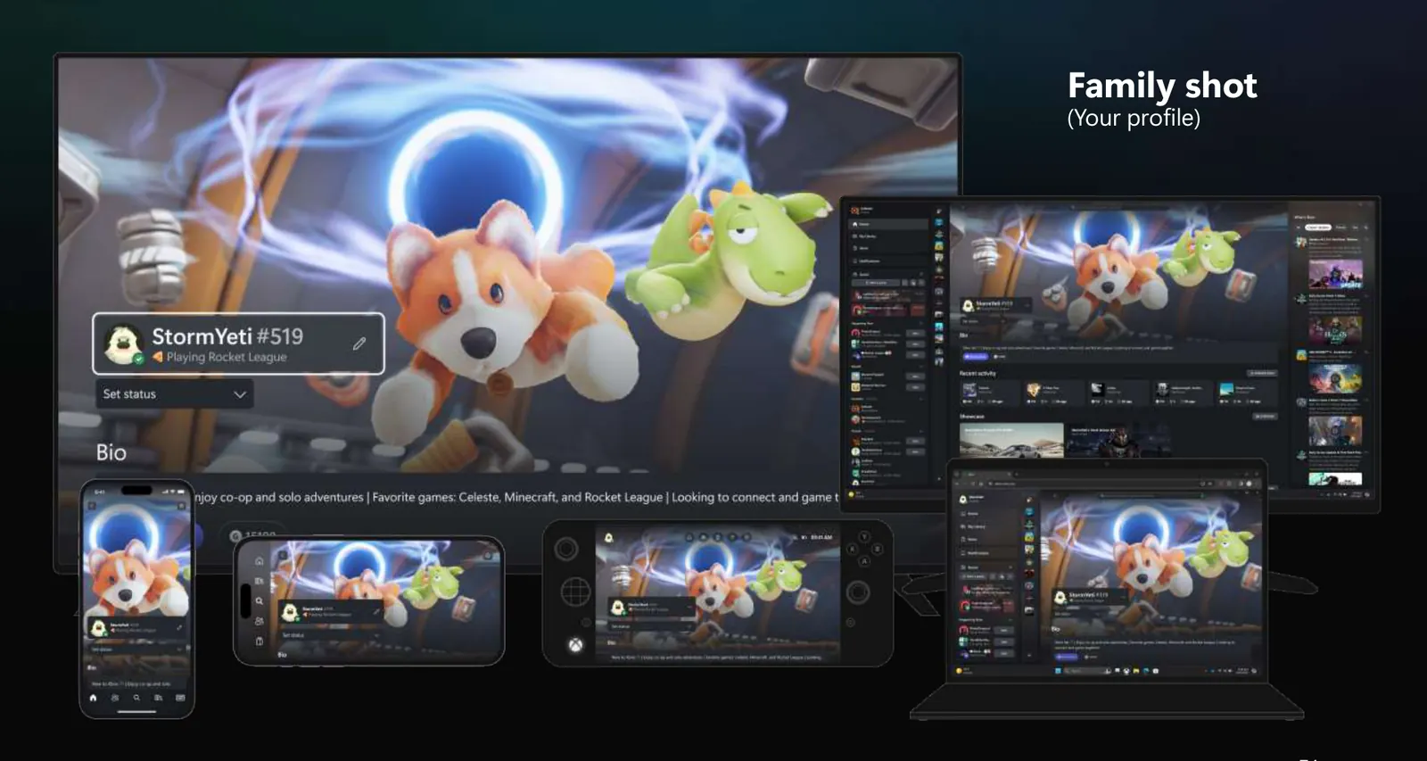 A player's Xbox profile with a themed background, shown across TV, phone, handheld, desktop, and laptop.