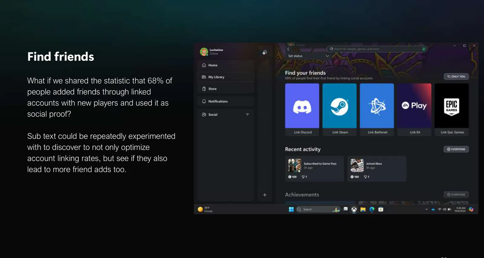 Find your friends module with linked-account social proof for Discord, Steam, Battle.net, EA, and Epic.