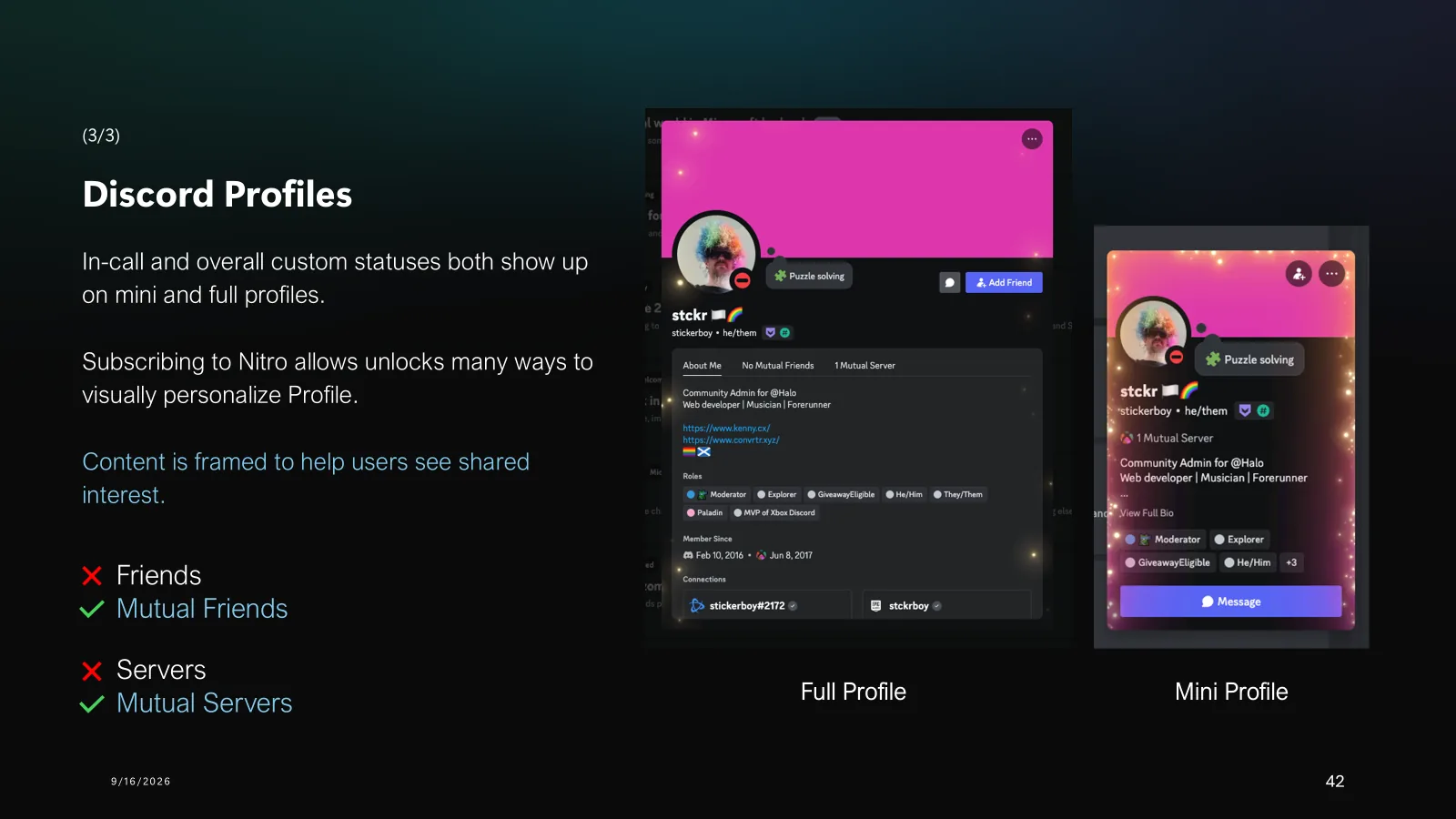 Discord full and mini profiles with custom status, Nitro personalization, and mutual friends versus servers.