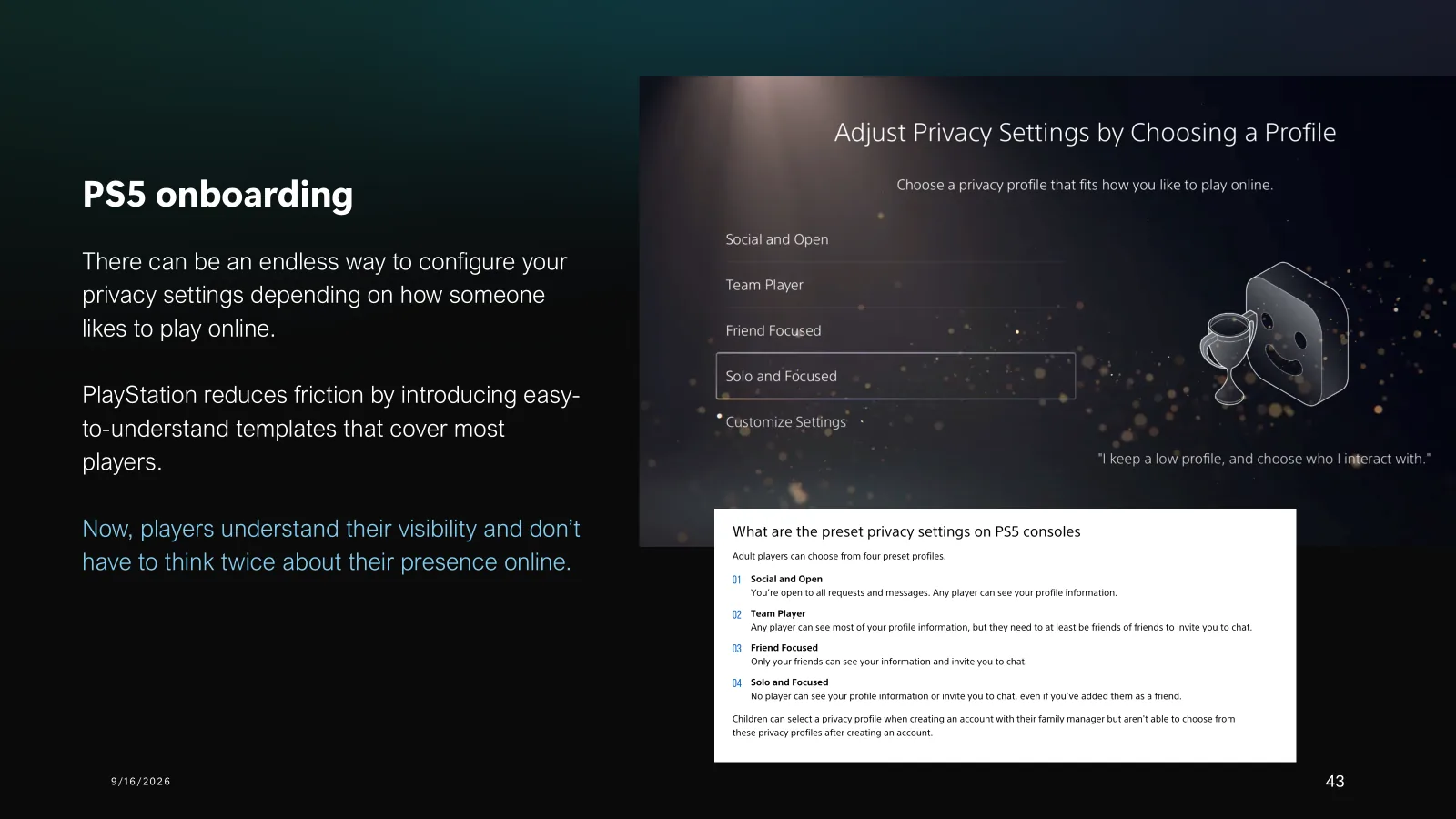 PlayStation 5 privacy onboarding with Social and Open, Team Player, Friend Focused, and Solo and Focused templates.