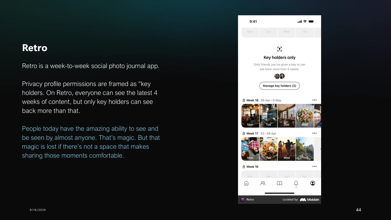 Retro app framing privacy as key holders who can see older journal entries.