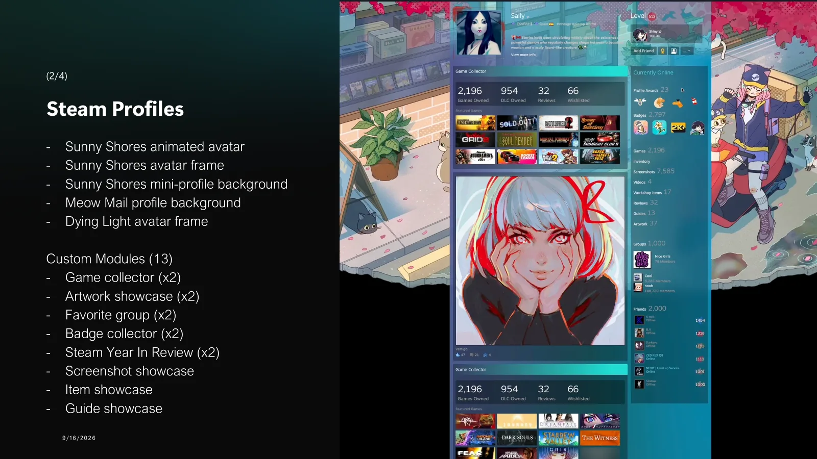 Steam profile competitive research: themed avatars, frames, backgrounds, and custom showcase modules.