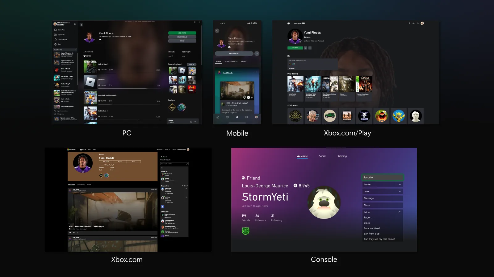 Today's Xbox profile on PC, mobile, Xbox.com/Play, Xbox.com, and console — each a slightly different product.