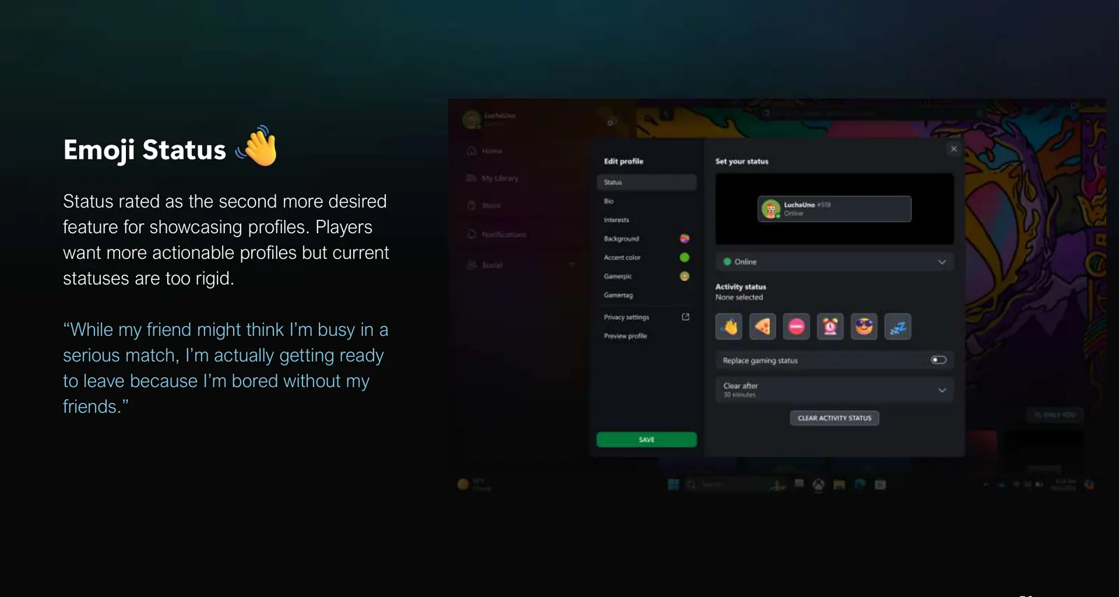 Emoji activity status picker, including available, eating, do not disturb, and replace-gaming-status.