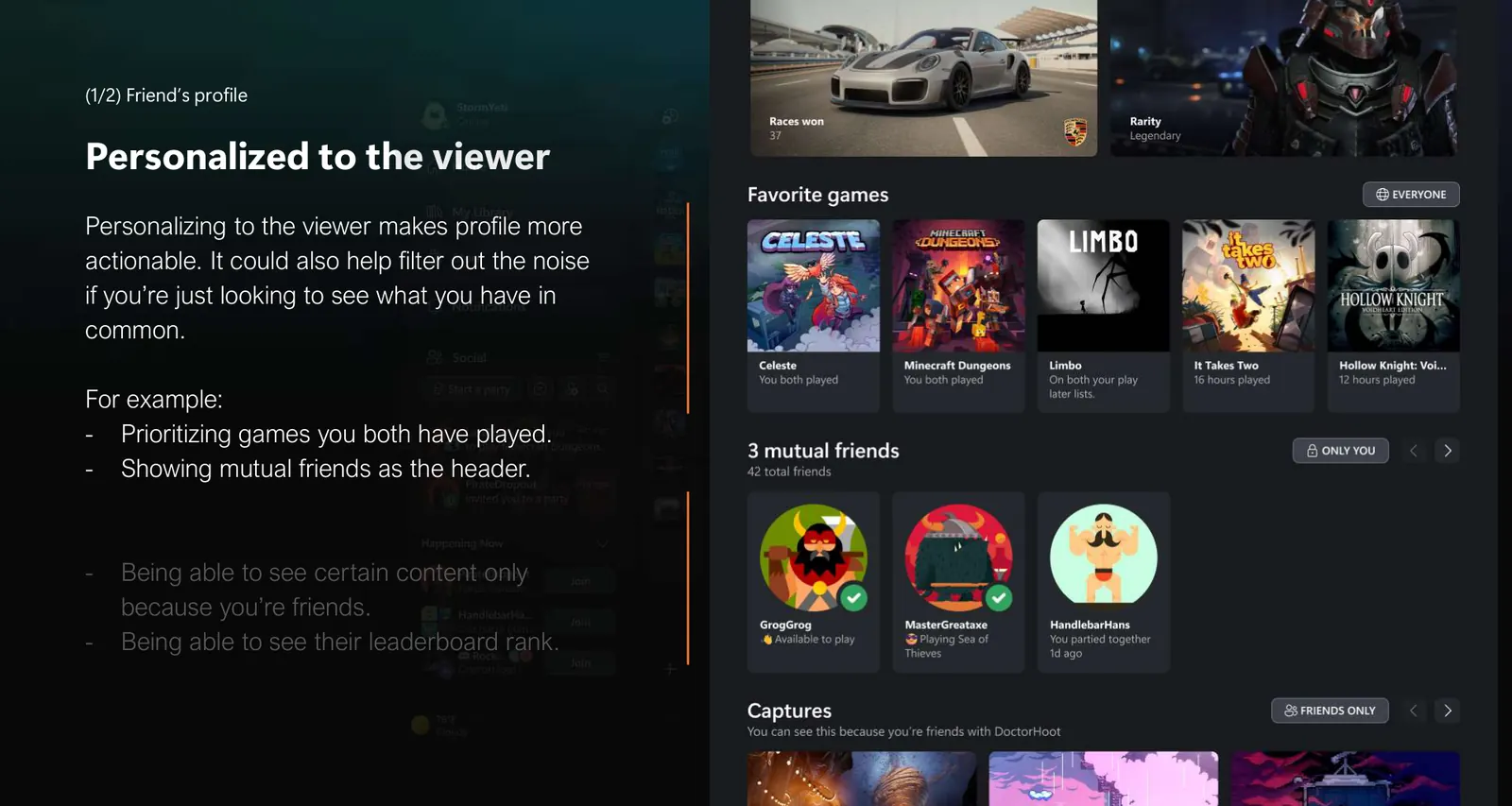 A friend's profile personalized to the viewer: games you both play, mutual friends, and friend-only captures.