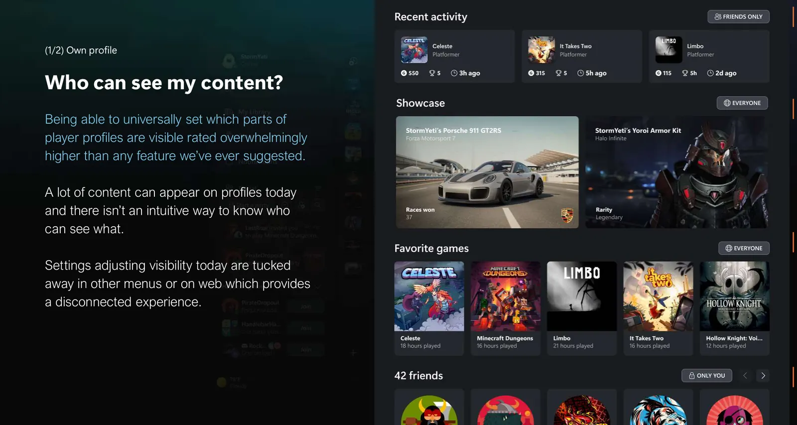 Profile modules for recent activity, inventory showcase, favorite games, and friends, each with a visibility control.