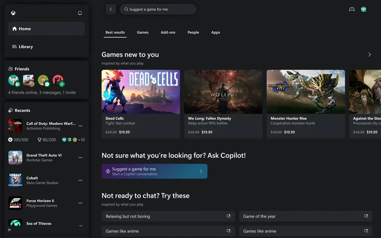 Ambiguous discovery: Games new to you, a Copilot prompt, and suggested chips like Relaxing but not boring.