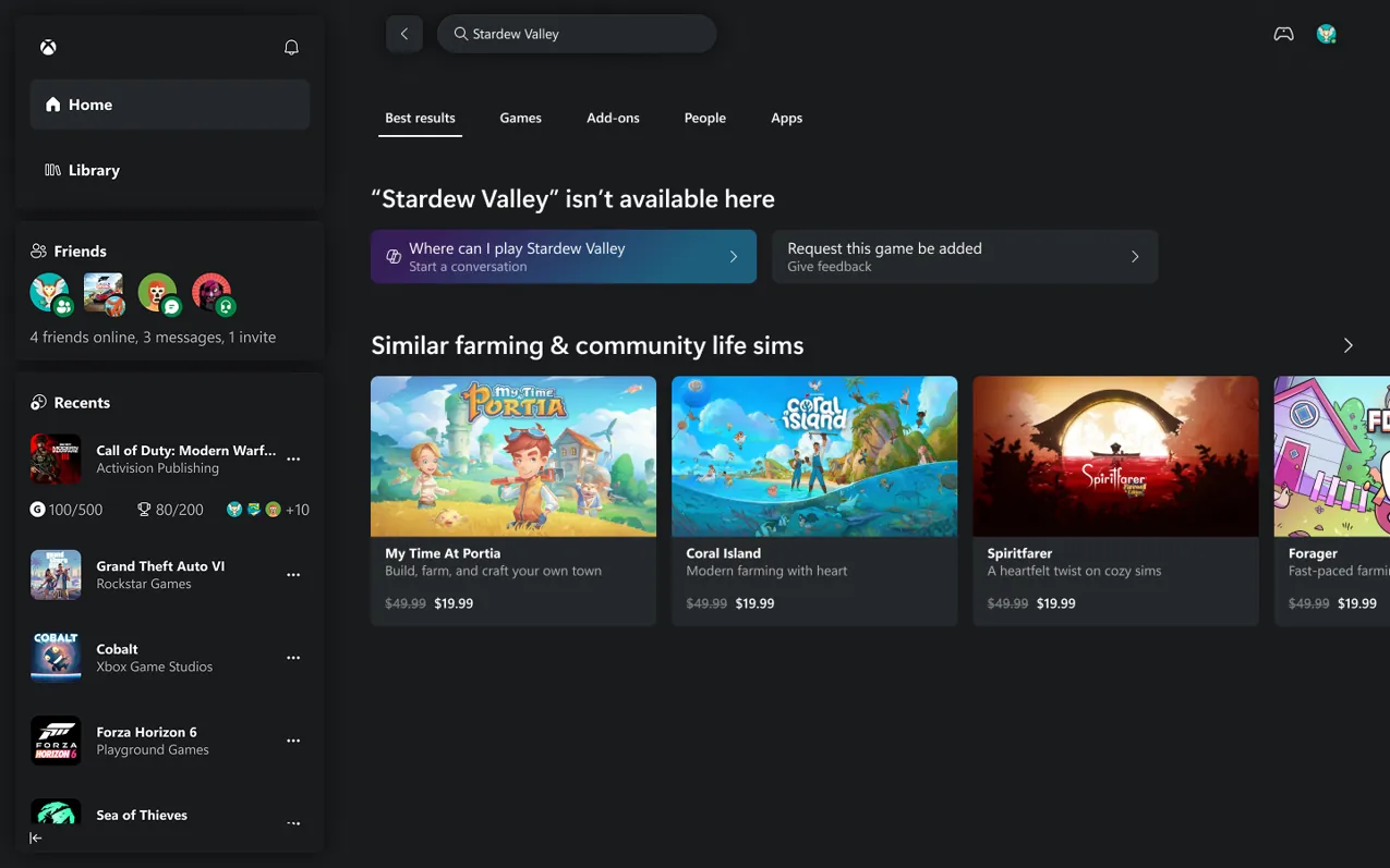 Empty state when Stardew Valley isn't available, with a request path and similar life-sim games.
