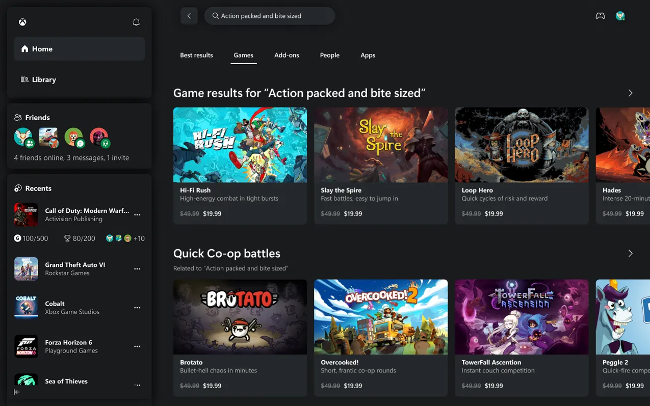 Games tab for "action packed and bite sized," with matching titles and related co-op battles.