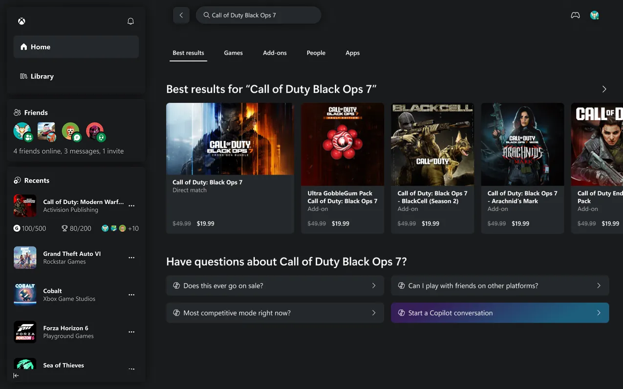 Best Results for Call of Duty: Black Ops 7, with a larger first card, related add-ons, and Copilot questions.