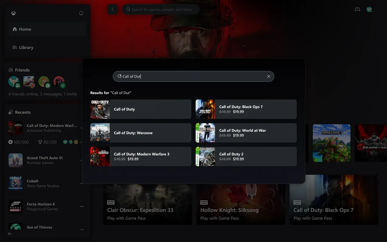 Autosuggest results while typing a Call of Duty query.