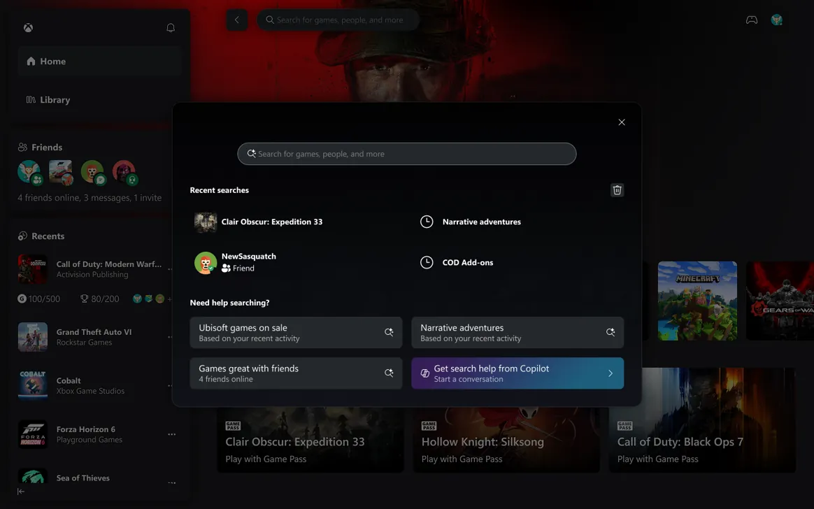 Search overlay with recent searches, suggested queries, and a Copilot entry point.