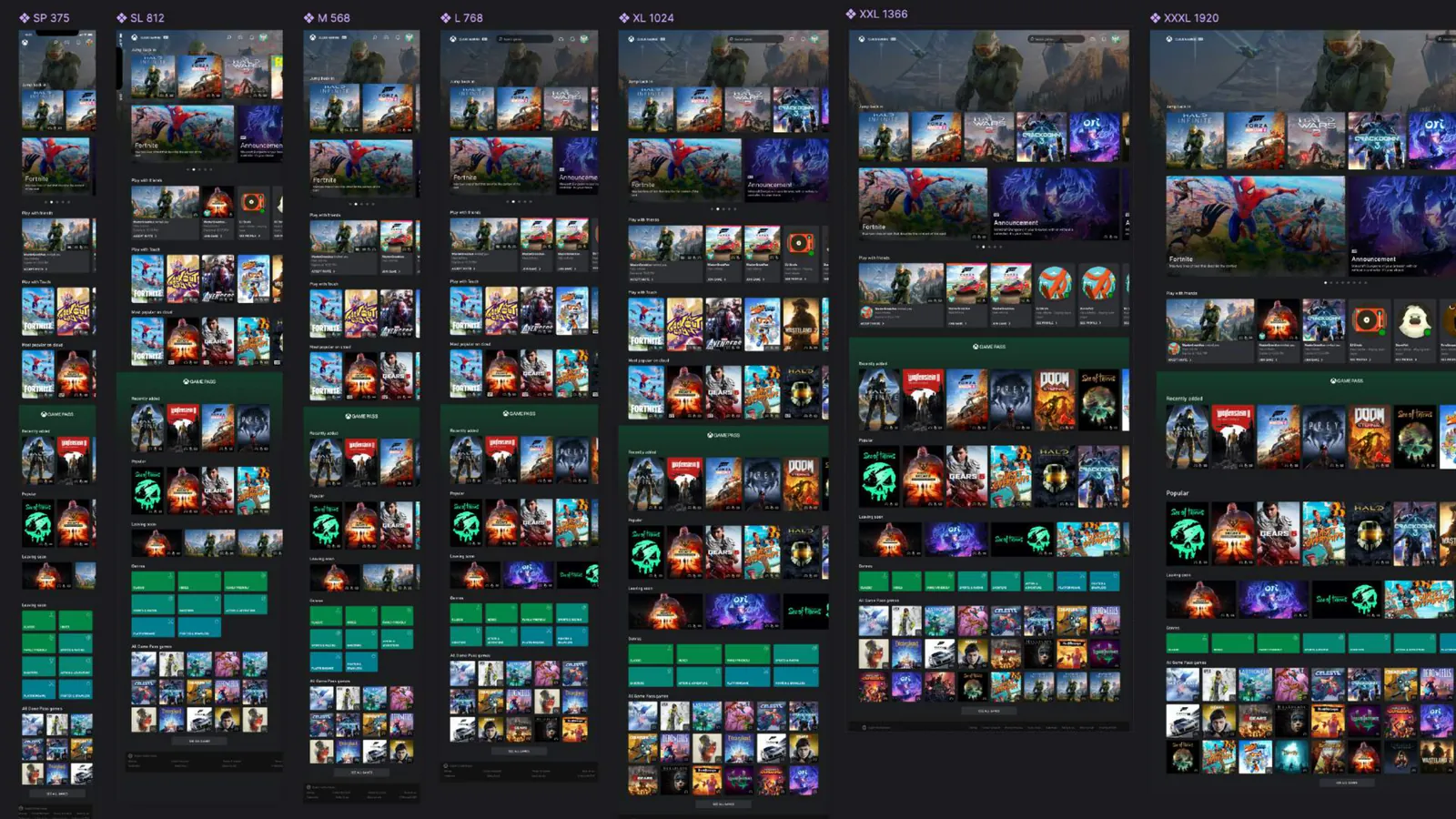 Home layouts scaling across seven breakpoints, from small phone to extra-wide desktop.