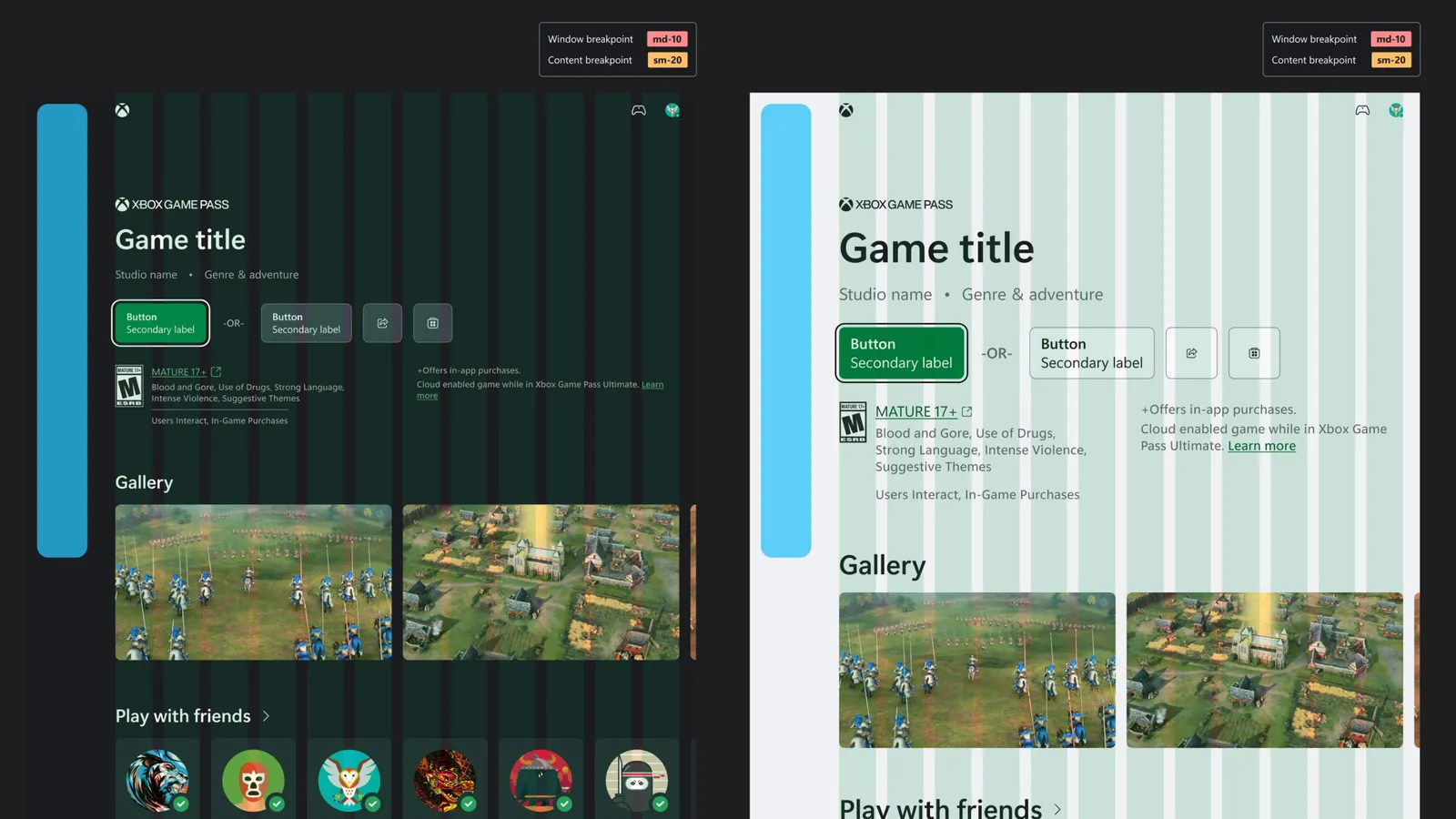 A Game Pass title page at two breakpoints, with the grid visible.