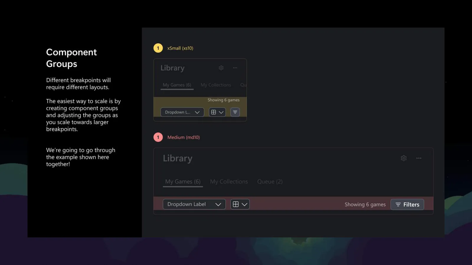 Component groups for a Library header at extra-small and medium breakpoints.