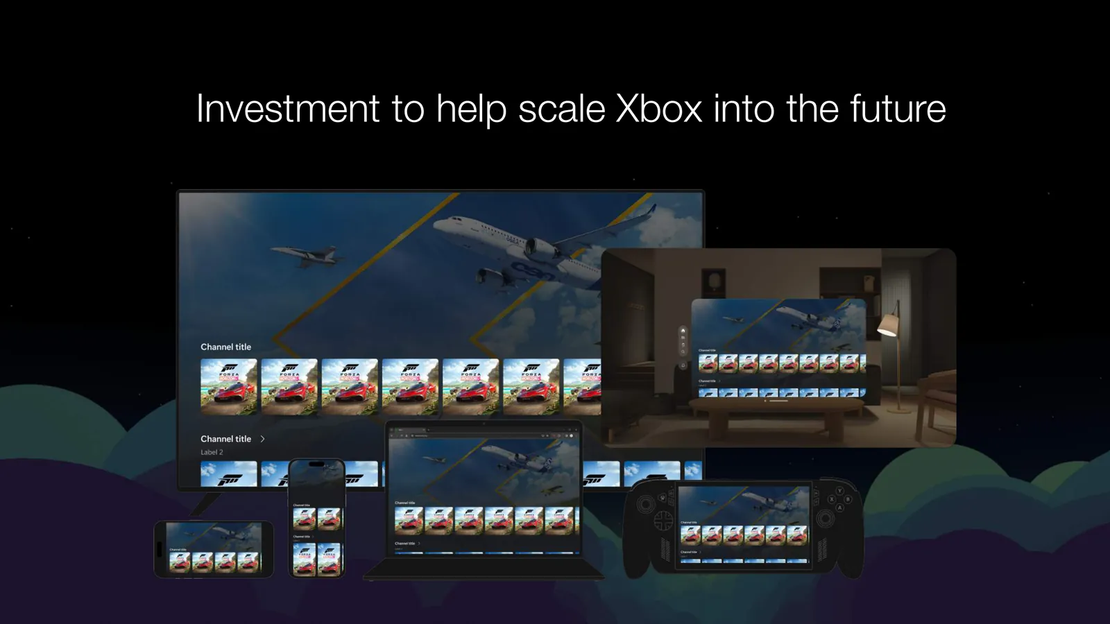The same Xbox layout scaling across TV, laptop, phones, and a handheld.